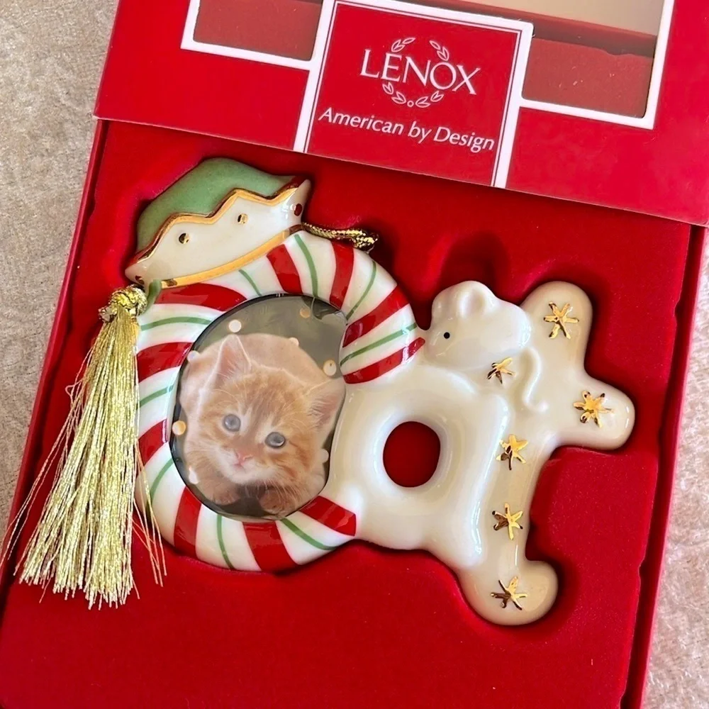 Brand New Lenox Christmas Ornament Magnet Cat Picture Photo Frame Ceramic Kitty